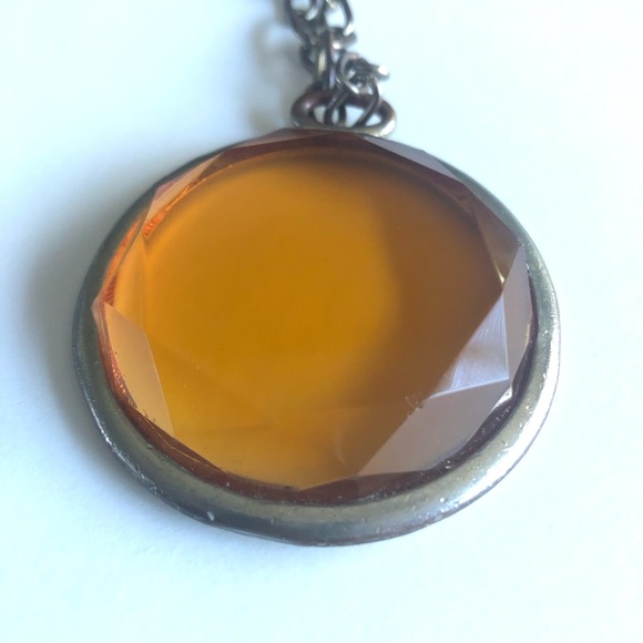 Vintage Amber translucent glass pendant w/ long chain necklace - Picture 2 of 6